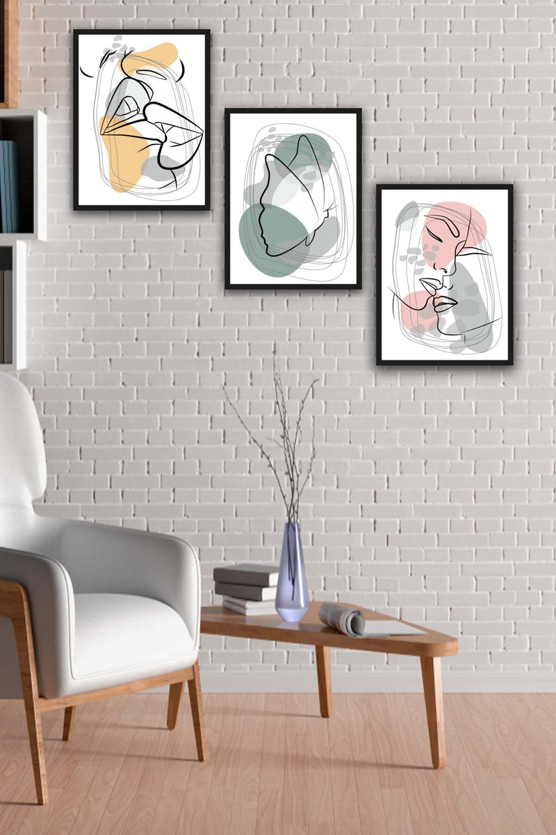 Wow 3 Parça Modern Lineart Tarzda Sanatsal Siyah Çerçeve Görünümlü Uv Baskı Mdf Ahşap Duvar Tablo Seti