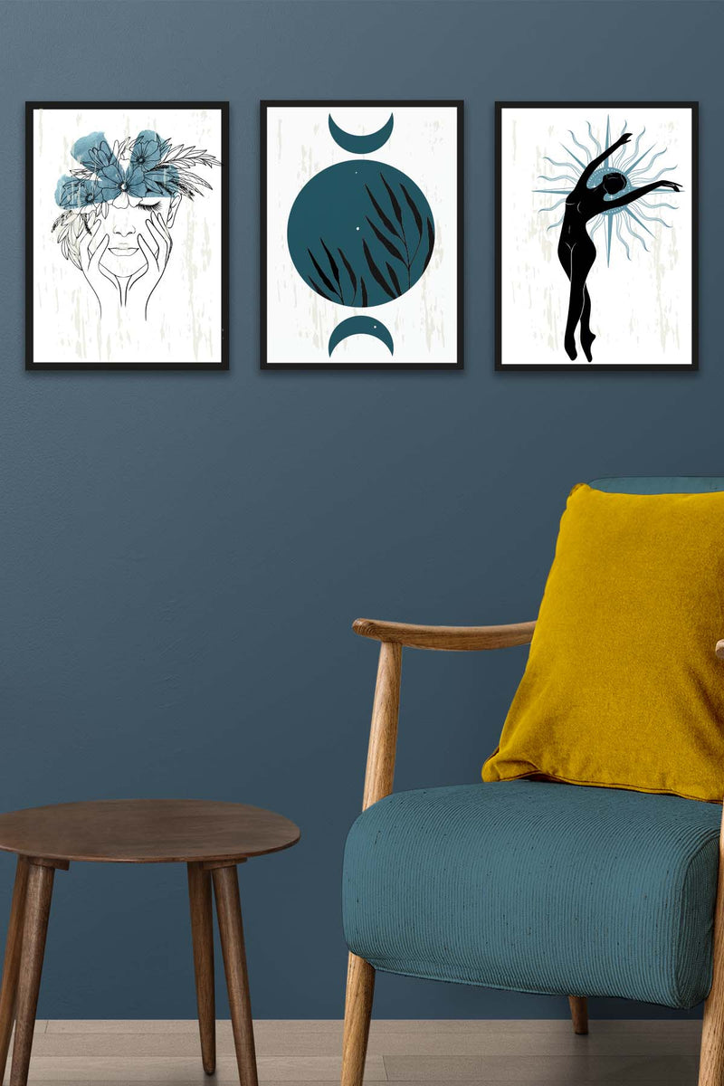 Wow 3 Parça Modern Sanat Tarzında Lotus Tasarım (Siyah Çerçeve Görünümlü) Uv Baskı Mdf Ahşap Duvar Tablo Seti