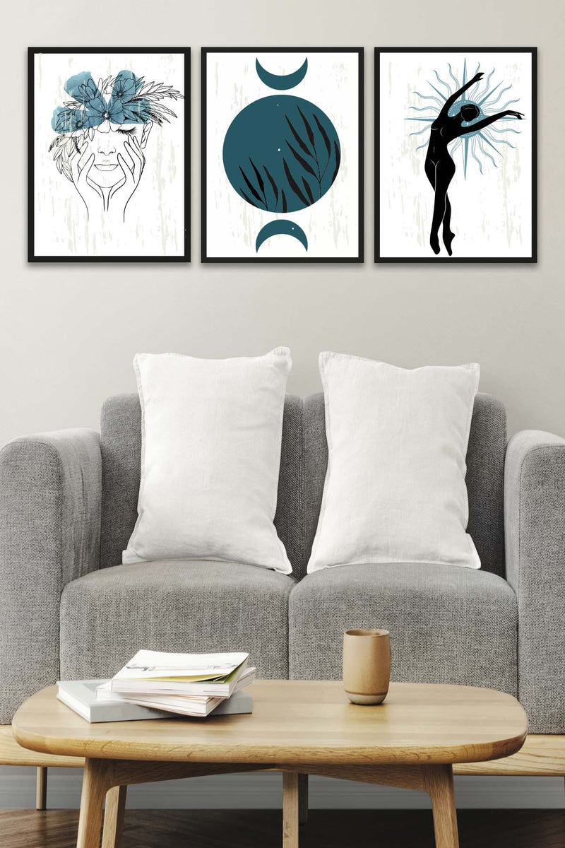 Wow 3 Parça Modern Sanat Tarzında Lotus Tasarım (Siyah Çerçeve Görünümlü) Uv Baskı Mdf Ahşap Duvar Tablo Seti