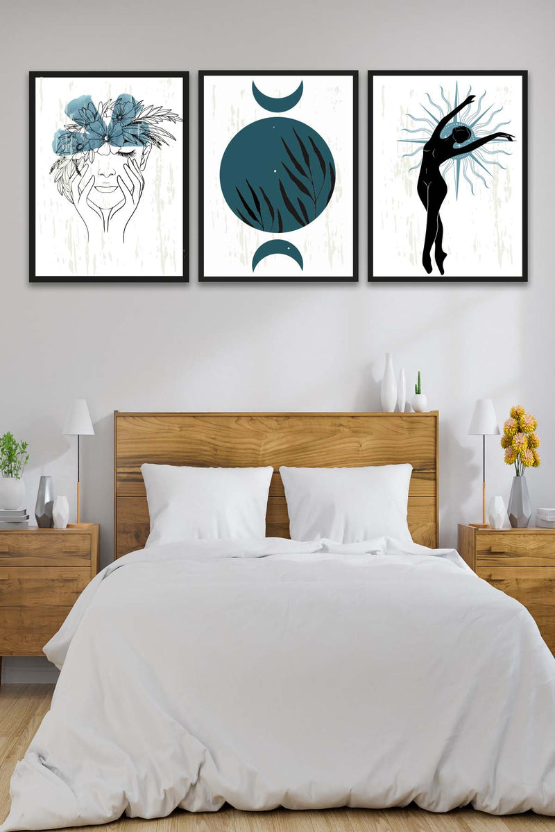 Wow 3 Parça Modern Sanat Tarzında Lotus Tasarım (Siyah Çerçeve Görünümlü) Uv Baskı Mdf Ahşap Duvar Tablo Seti