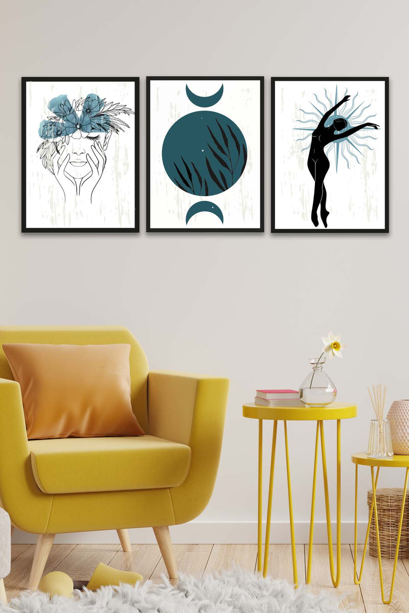 Wow 3 Parça Modern Sanat Tarzında Lotus Tasarım (Siyah Çerçeve Görünümlü) Uv Baskı Mdf Ahşap Duvar Tablo Seti