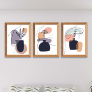 Wow 3 Parça Modern Sanatsal Tarzda Line Art (Çerçeve Görünümlü) Uv Baskı Mdf Ahşap Duvar Tablo Seti