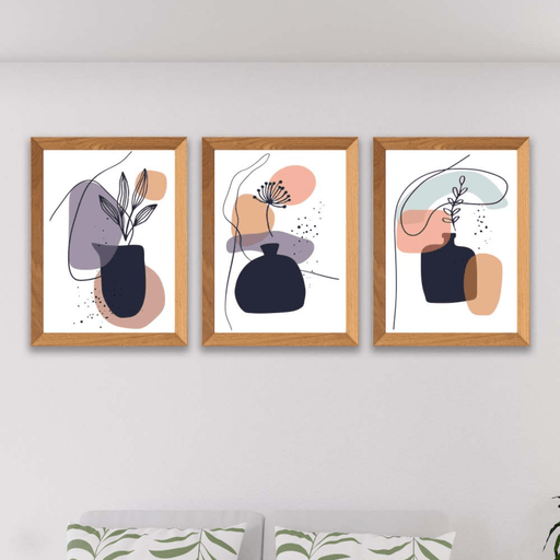 Wow 3 Parça Modern Sanatsal Tarzda Line Art (Çerçeve Görünümlü) Uv Baskı Mdf Ahşap Duvar Tablo Seti
