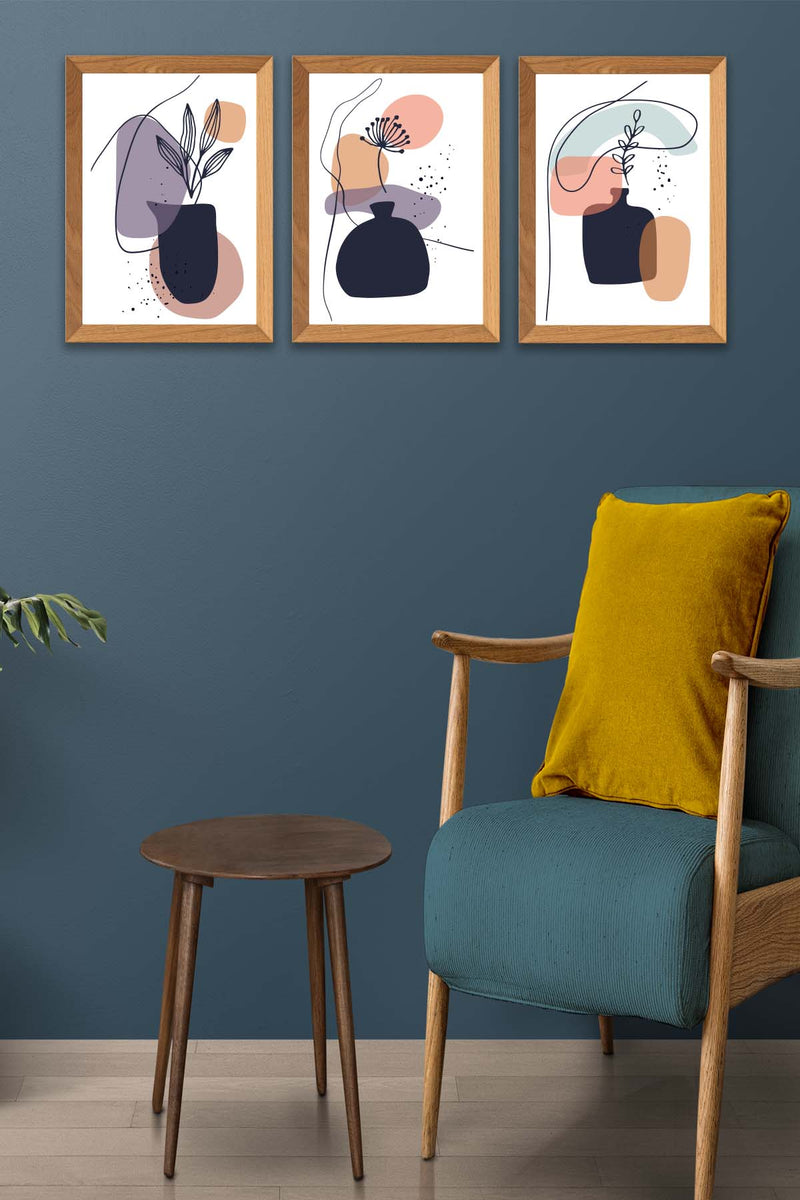 Wow 3 Parça Modern Sanatsal Tarzda Line Art (Çerçeve Görünümlü) Uv Baskı Mdf Ahşap Duvar Tablo Seti