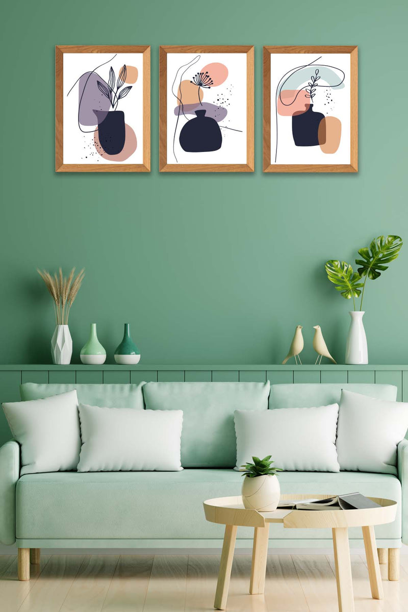 Wow 3 Parça Modern Sanatsal Tarzda Line Art (Çerçeve Görünümlü) Uv Baskı Mdf Ahşap Duvar Tablo Seti