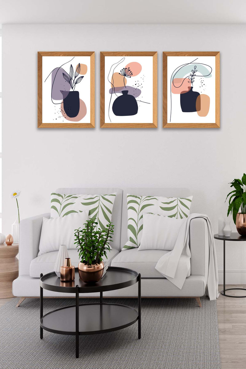 Wow 3 Parça Modern Sanatsal Tarzda Line Art (Çerçeve Görünümlü) Uv Baskı Mdf Ahşap Duvar Tablo Seti