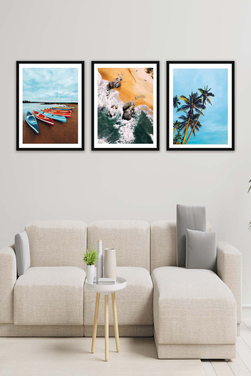 Wow 3 Parça Modern Tarzda Manzara Fotoğraflı Siyah Çerçeve Görünümlü Dijital Baskı Duvar Tablo Seti