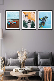 Wow 3 Parça Modern Tarzda Manzara Fotoğraflı Siyah Çerçeve Görünümlü Dijital Baskı Duvar Tablo Seti