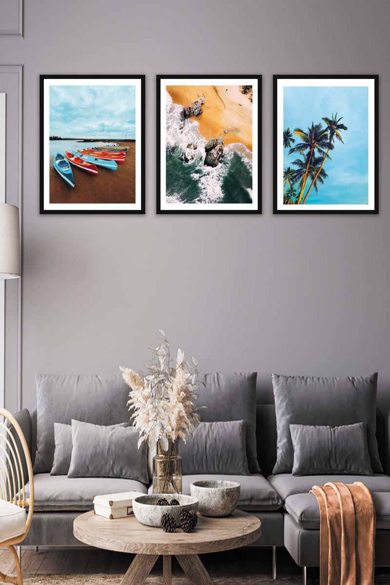Wow 3 Parça Modern Tarzda Manzara Fotoğraflı Siyah Çerçeve Görünümlü Dijital Baskı Duvar Tablo Seti