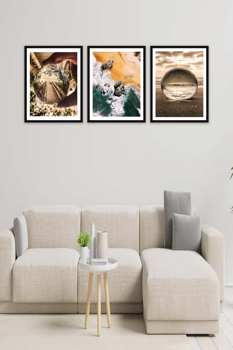 Wow 3 Parça Modern Tarzda Sanatsal Siyah Çerçeve Görünümlü Dijital Baskı Duvar Tablo Seti
