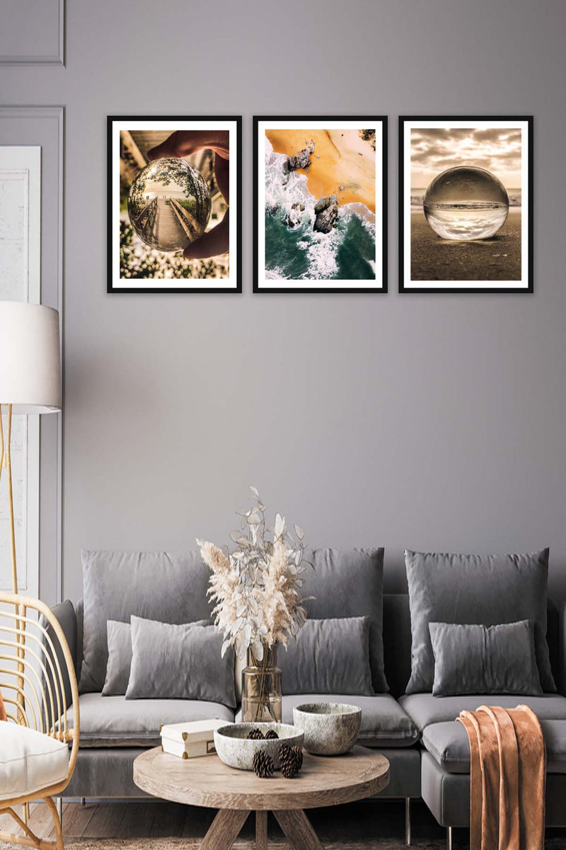 Wow 3 Parça Modern Tarzda Sanatsal Siyah Çerçeve Görünümlü Dijital Baskı Duvar Tablo Seti