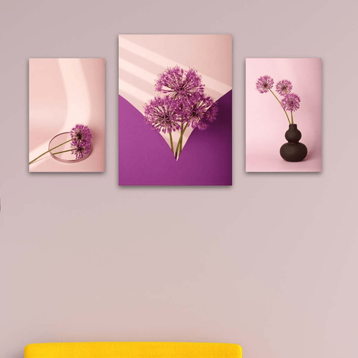 Wow 3 Parça Mor Çiçek Desenli Uv Baskı Ahşap Duvar Tablo Seti