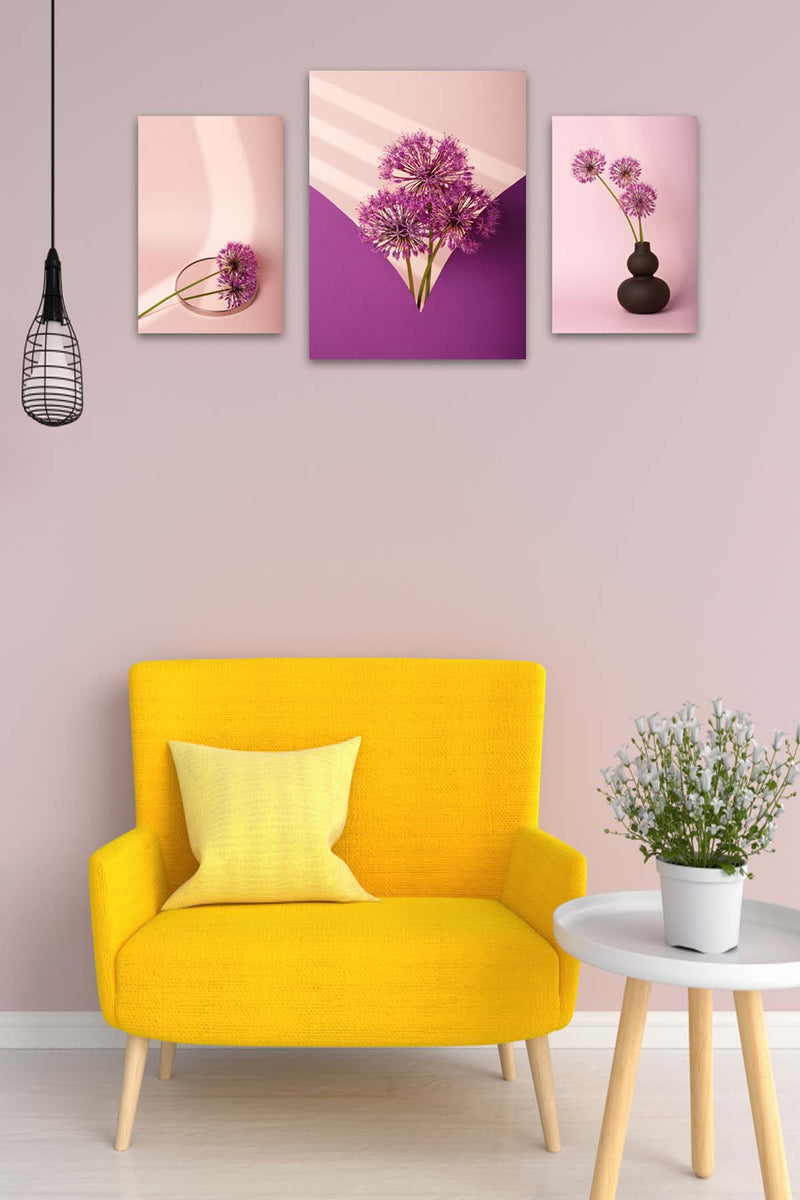 Wow 3 Parça Mor Çiçek Desenli Uv Baskı Ahşap Duvar Tablo Seti