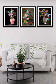 Wow 3 Parça Pastel Boya Çiçek Desenli Siyah Çerçeve Görünümlü Mdf Ahşap Duvar Tablo Seti