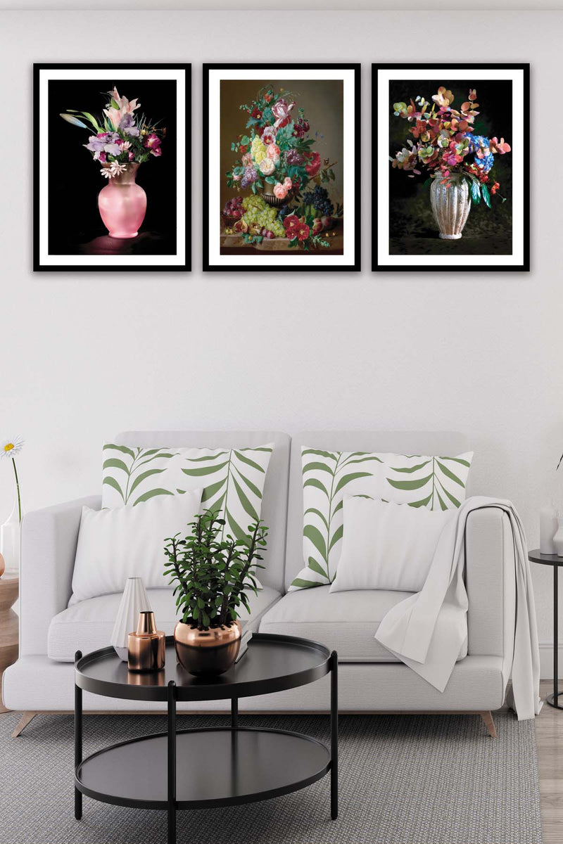 Wow 3 Parça Pastel Boya Çiçek Desenli Siyah Çerçeve Görünümlü Mdf Ahşap Duvar Tablo Seti