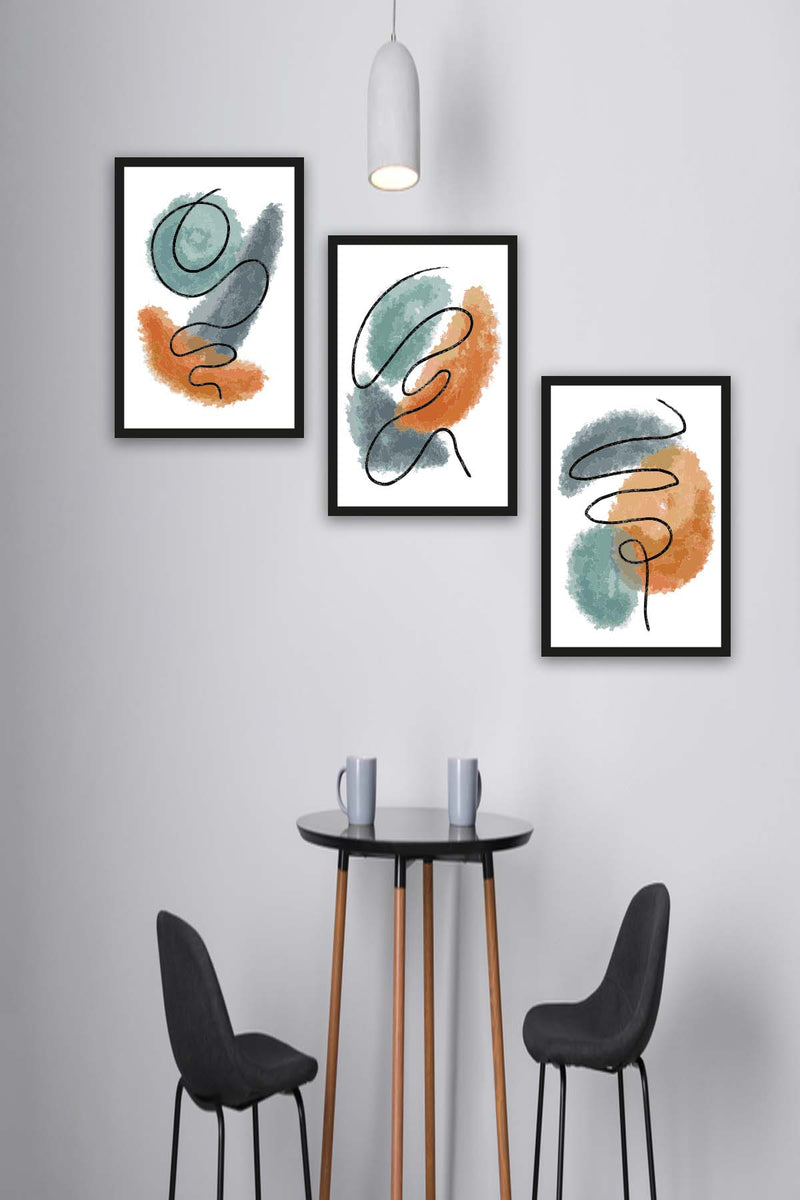 Wow 3 Parça Watercolur Tarzda Sanatsal Siyah Çerçeve Görünümlü Uv Baskı Mdf Ahşap Duvar Tablo Seti