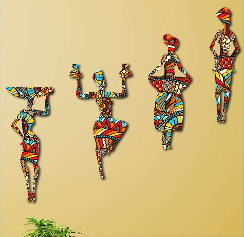 Wow 4 Parça Etnik Desenli Afrikalı Kadınlar Dijital Baskı Mdf Ahşap Duvar Ahşap Duvar Tablo Seti