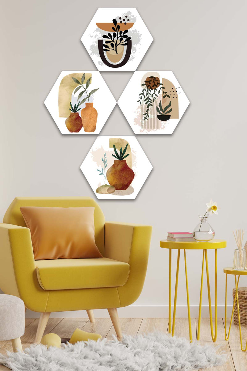 Wow 4 Parça Petek Suluboya Modern Tarzda Tasarım Uv Baskı Mdf Ahşap Duvar Tablo Seti