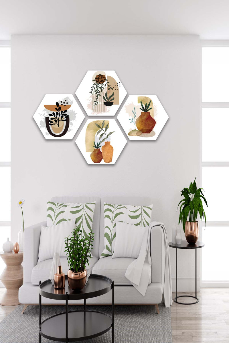 Wow 4 Parça Petek Suluboya Modern Tarzda Tasarım Uv Baskı Mdf Ahşap Duvar Tablo Seti