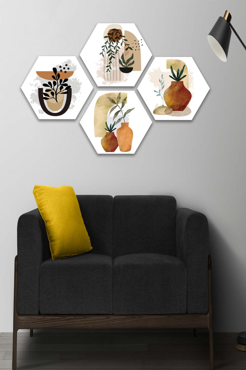 Wow 4 Parça Petek Suluboya Modern Tarzda Tasarım Uv Baskı Mdf Ahşap Duvar Tablo Seti