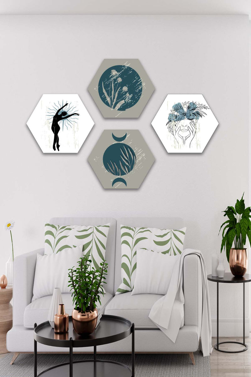 Wow 4 Parça Petek Tasarım Modern Sanat Tarzında Uv Baskı Mdf Ahşap Duvar Tablo Seti
