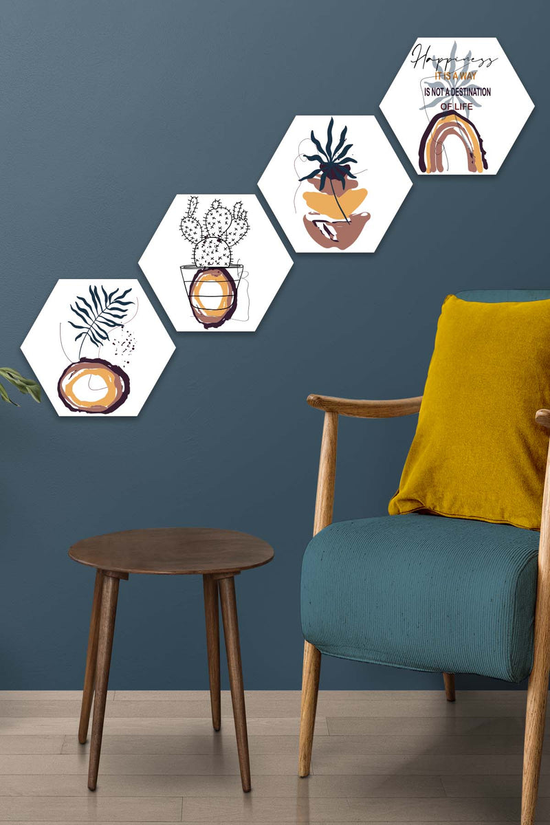 Wow 4 Parça Petek Tasarım Modern Tarzda Uv Baskı Mdf Ahşap Duvar Tablo Seti