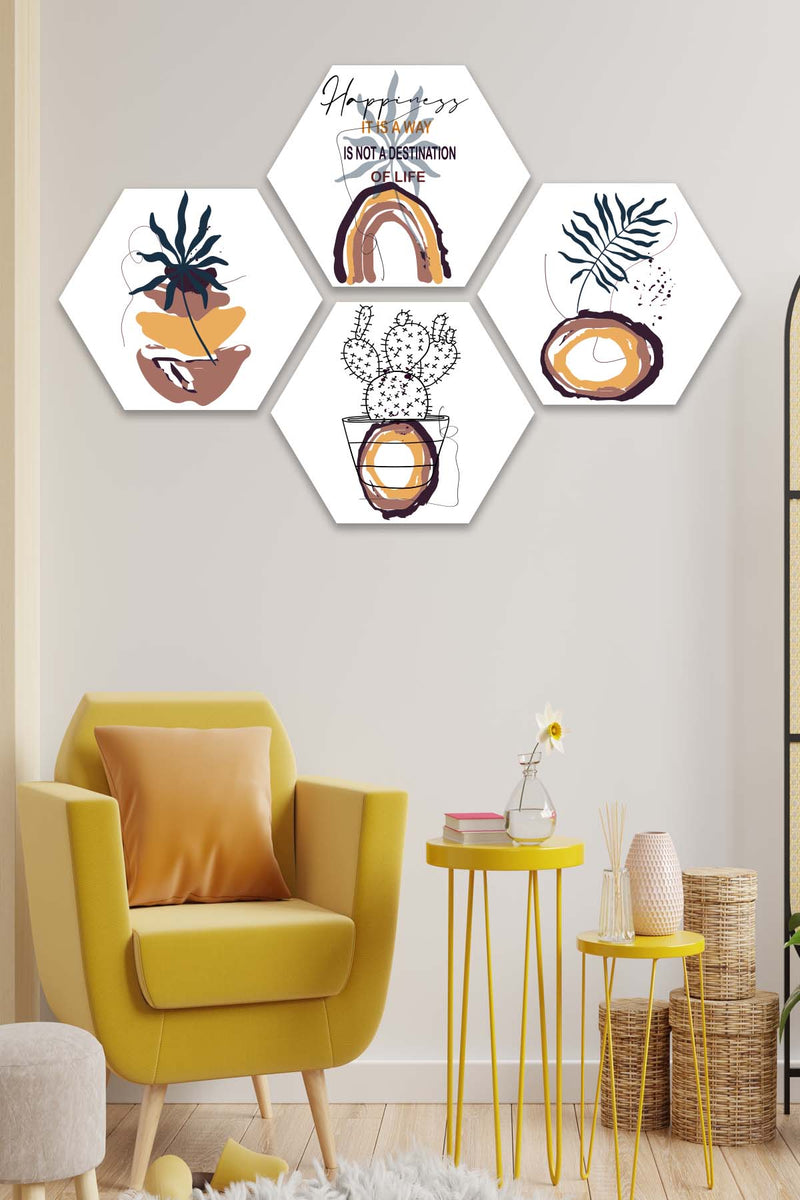 Wow 4 Parça Petek Tasarım Modern Tarzda Uv Baskı Mdf Ahşap Duvar Tablo Seti