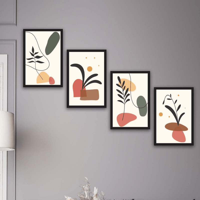 Wow 4 Parça Renkli Modern Bohem Tarzda Siyah Çerçeve Görünümlü Uv Baskı Mdf Ahşap Duvar Tablo Seti