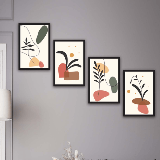 Wow 4 Parça Renkli Modern Bohem Tarzda Siyah Çerçeve Görünümlü Uv Baskı Mdf Ahşap Duvar Tablo Seti