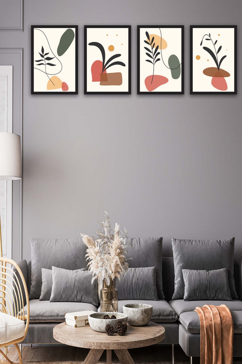 Wow 4 Parça Renkli Modern Bohem Tarzda Siyah Çerçeve Görünümlü Uv Baskı Mdf Ahşap Duvar Tablo Seti