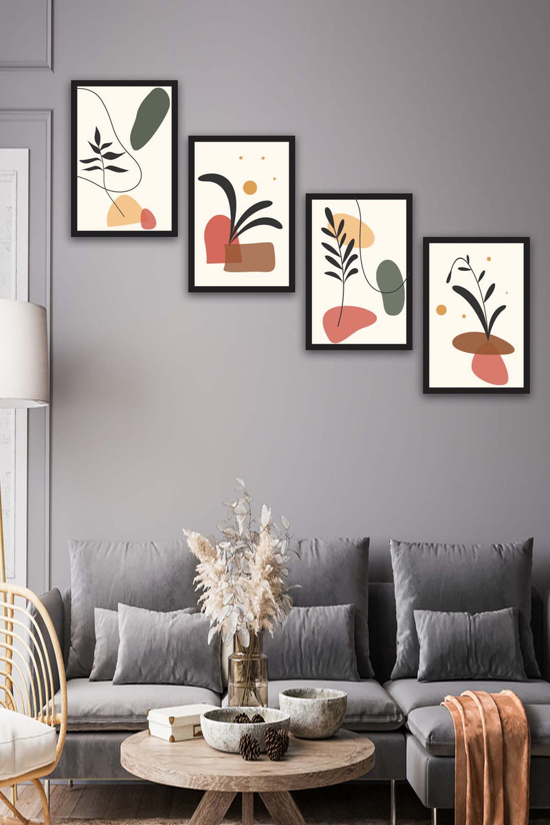 Wow 4 Parça Renkli Modern Bohem Tarzda Siyah Çerçeve Görünümlü Uv Baskı Mdf Ahşap Duvar Tablo Seti