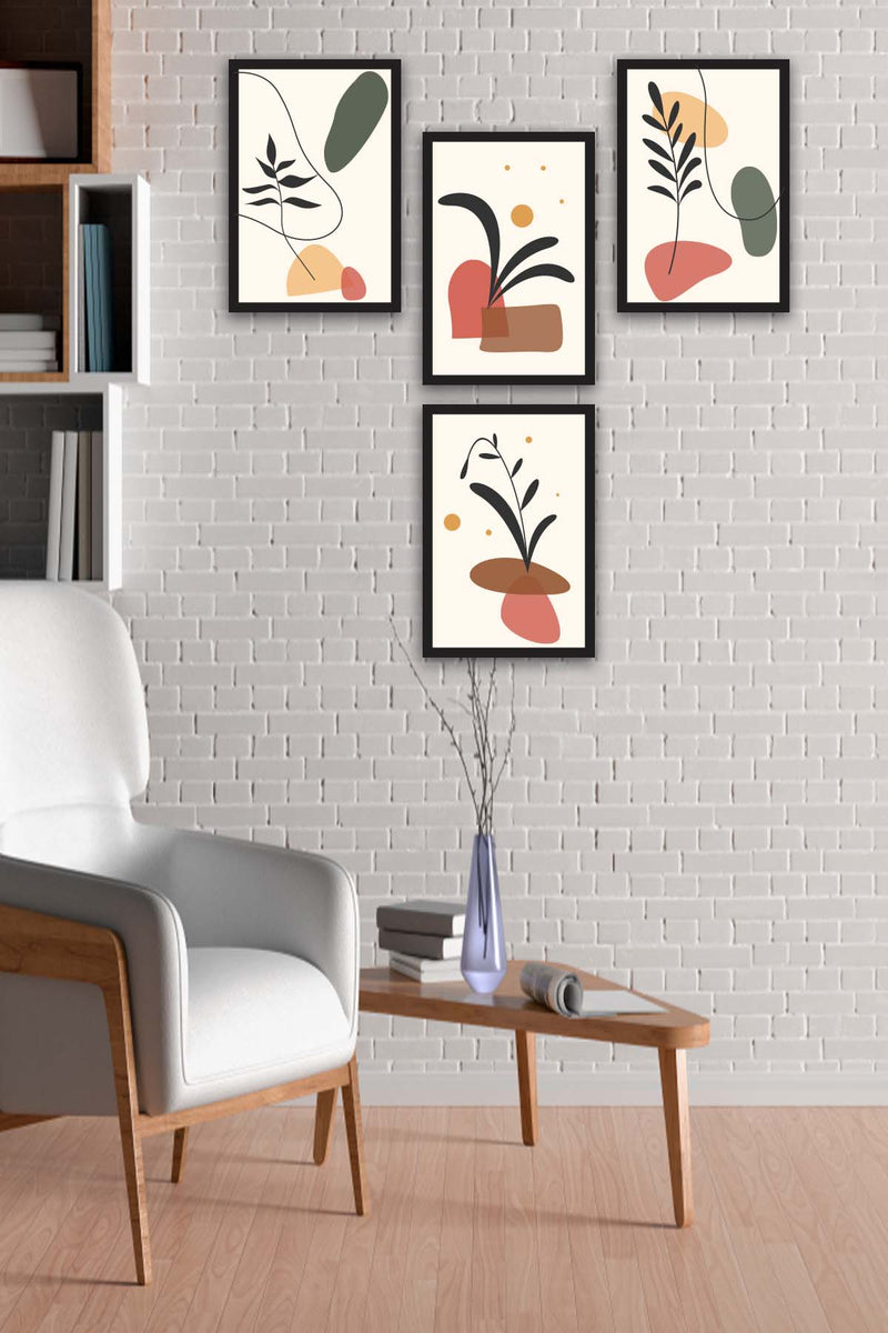 Wow 4 Parça Renkli Modern Bohem Tarzda Siyah Çerçeve Görünümlü Uv Baskı Mdf Ahşap Duvar Tablo Seti