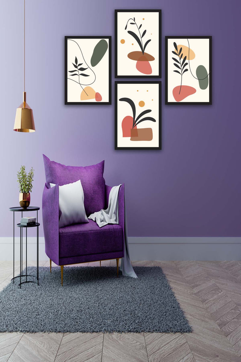 Wow 4 Parça Renkli Modern Bohem Tarzda Siyah Çerçeve Görünümlü Uv Baskı Mdf Ahşap Duvar Tablo Seti
