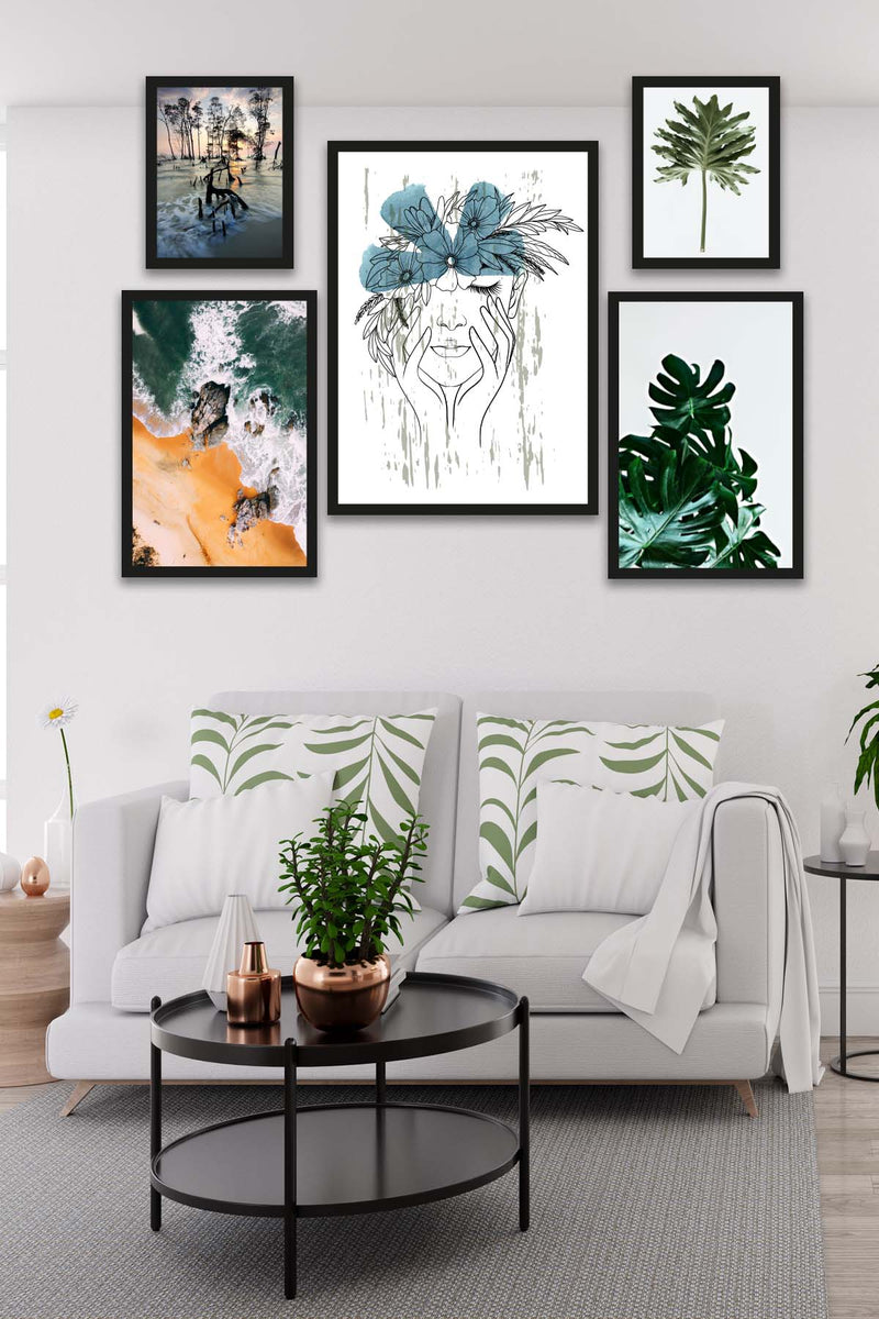 Wow 5 Parça Modern Sanat Tarzında Tasarım (Siyah Çerçeve Görünümlü) Uv Baskı Mdf Ahşap Duvar Tablo Seti