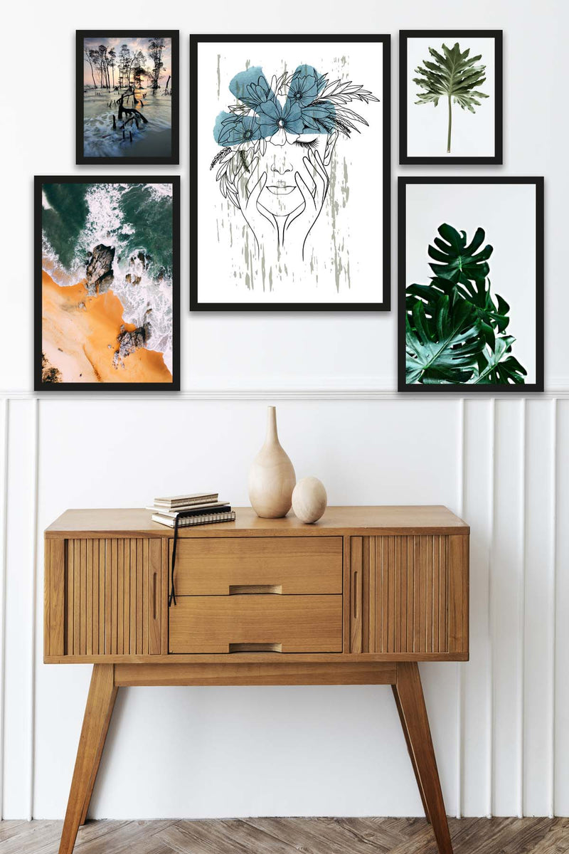 Wow 5 Parça Modern Sanat Tarzında Tasarım (Siyah Çerçeve Görünümlü) Uv Baskı Mdf Ahşap Duvar Tablo Seti