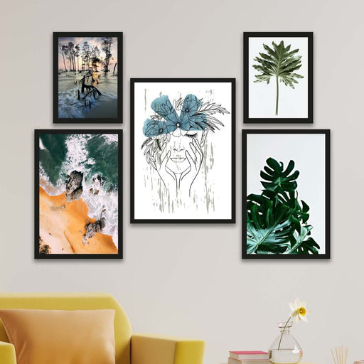 Wow 5 Parça Modern Sanat Tarzında Tasarım (Siyah Çerçeve Görünümlü) Uv Baskı Mdf Ahşap Duvar Tablo Seti