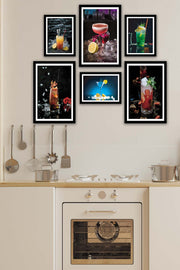 Wow 6 Parça İştah Açıcı Meyve Kokteyl Siyah Çerçeve Görünümlü Mdf Ahşap Duvar Ahşap Duvar Tablo Seti