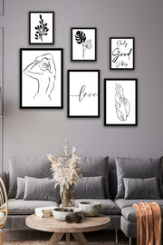 Wow 6 Parça Lineart Tarzda Sanatsal Siyah Çerçeve Görünümlü Uv Baskı Mdf Ahşap Duvar Tablo Seti
