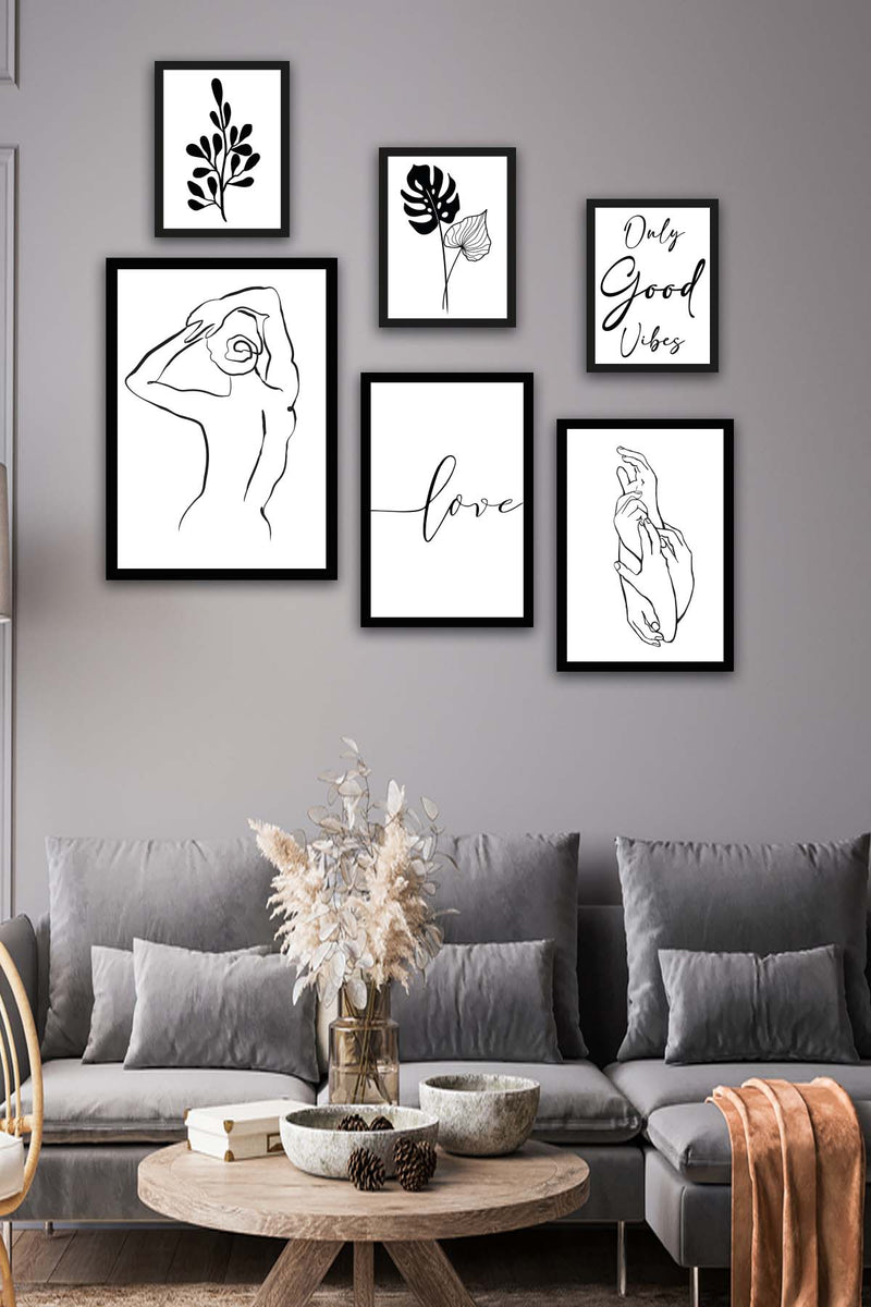 Wow 6 Parça Lineart Tarzda Sanatsal Siyah Çerçeve Görünümlü Uv Baskı Mdf Ahşap Duvar Tablo Seti
