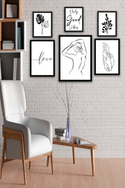 Wow 6 Parça Lineart Tarzda Sanatsal Siyah Çerçeve Görünümlü Uv Baskı Mdf Ahşap Duvar Tablo Seti