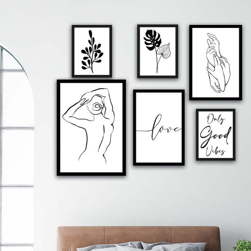 Wow 6 Parça Lineart Tarzda Sanatsal Siyah Çerçeve Görünümlü Uv Baskı Mdf Ahşap Duvar Tablo Seti