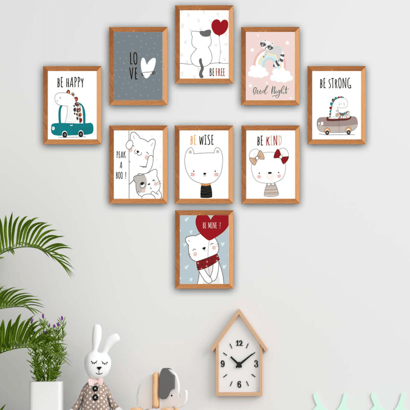 Wow 9 Parça Çocuk Odası Sevimli Kedi Çerçeve Görünümlü Uv Baskı Mdf Ahşap Duvar Tablo Seti