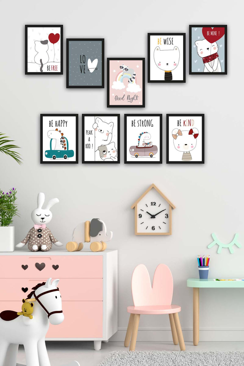 Wow 9 Parça Çocuk Odası Sevimli Kedi Siyah Çerçeve Görünümlü Uv Baskı Mdf Ahşap Duvar Tablo Seti