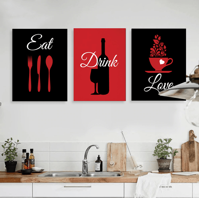 Wow Eat Drink Love 3 Parça Çerçeve Görünümlü Ahşap Duvar Tablo Seti