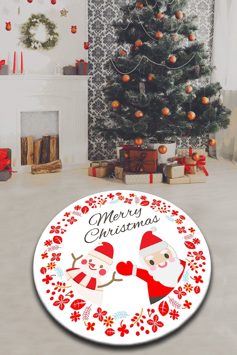 Yeni Yıl Noel Baba Dijital Baskılı Yuvarlak Banyo Halısı, Kaymaz Taban, Yıkanabilir Bonvagon
