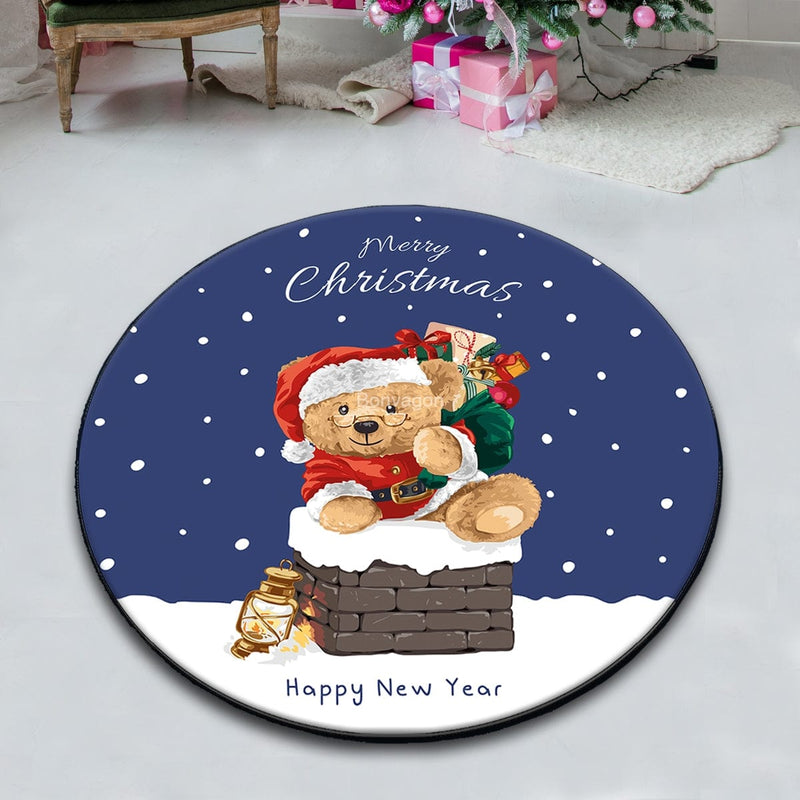 Yeni Yıl Noel Teddy Bacada Dijital Baskılı Yuvarlak Banyo Halısı, Kaymaz Taban, Yıkanabilir Bonvagon