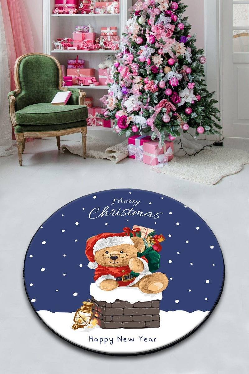 Yeni Yıl Noel Teddy Bacada Dijital Baskılı Yuvarlak Banyo Halısı, Kaymaz Taban, Yıkanabilir Bonvagon