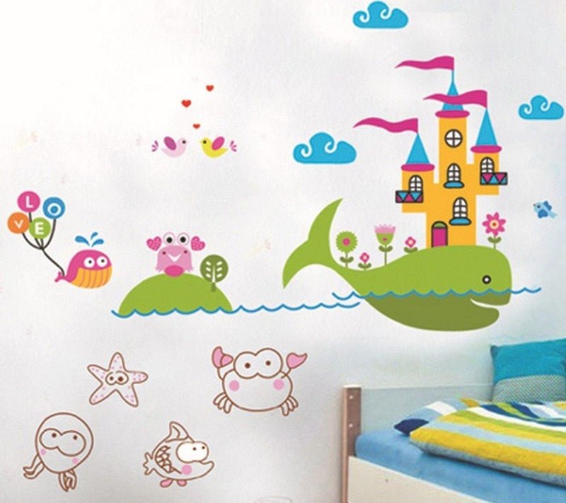 Yeşil Balina Şato ve Balıklı Duvar Çıkartması Süsü (sticker) Bonvagon