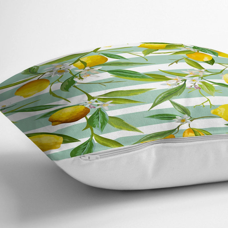Yeşil Çizgili Limon Desenli Dijital Baskılı Dekoratif Yastık Kırlent Kılıfı 43x43cm