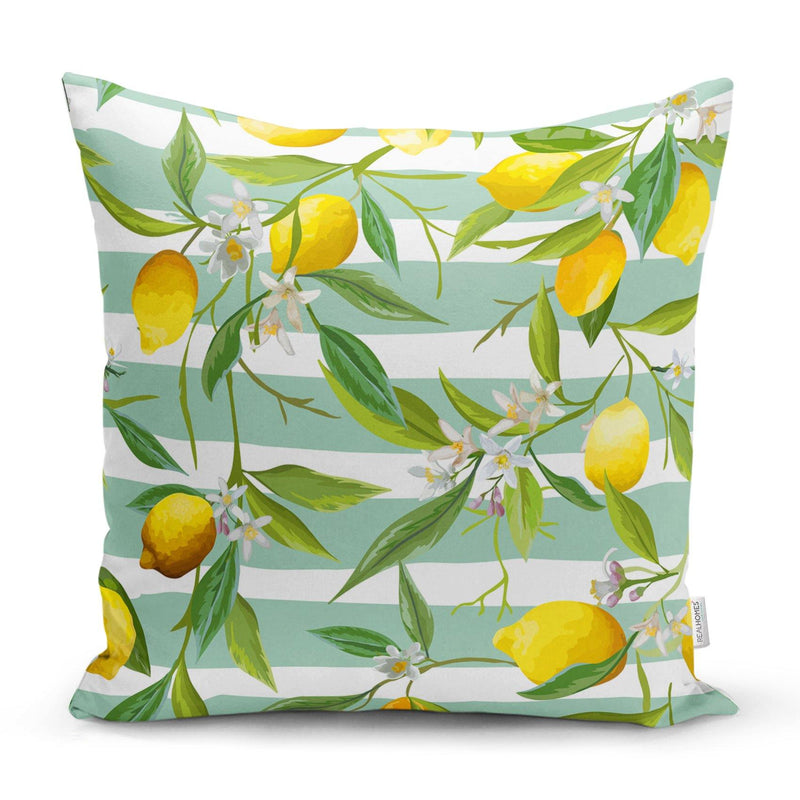 Yeşil Çizgili Limon Desenli Dijital Baskılı Dekoratif Yastık Kırlent Kılıfı 43x43cm